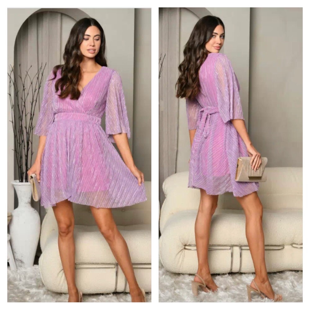 SHORT SLEEVE V-NECK SHIMMER SELF TIE MINI DRESS